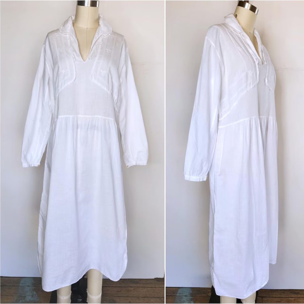 Vintage Nightgown Nightdress - Sheer Cotton & LACE EYELET - Chemise Lingerie M L